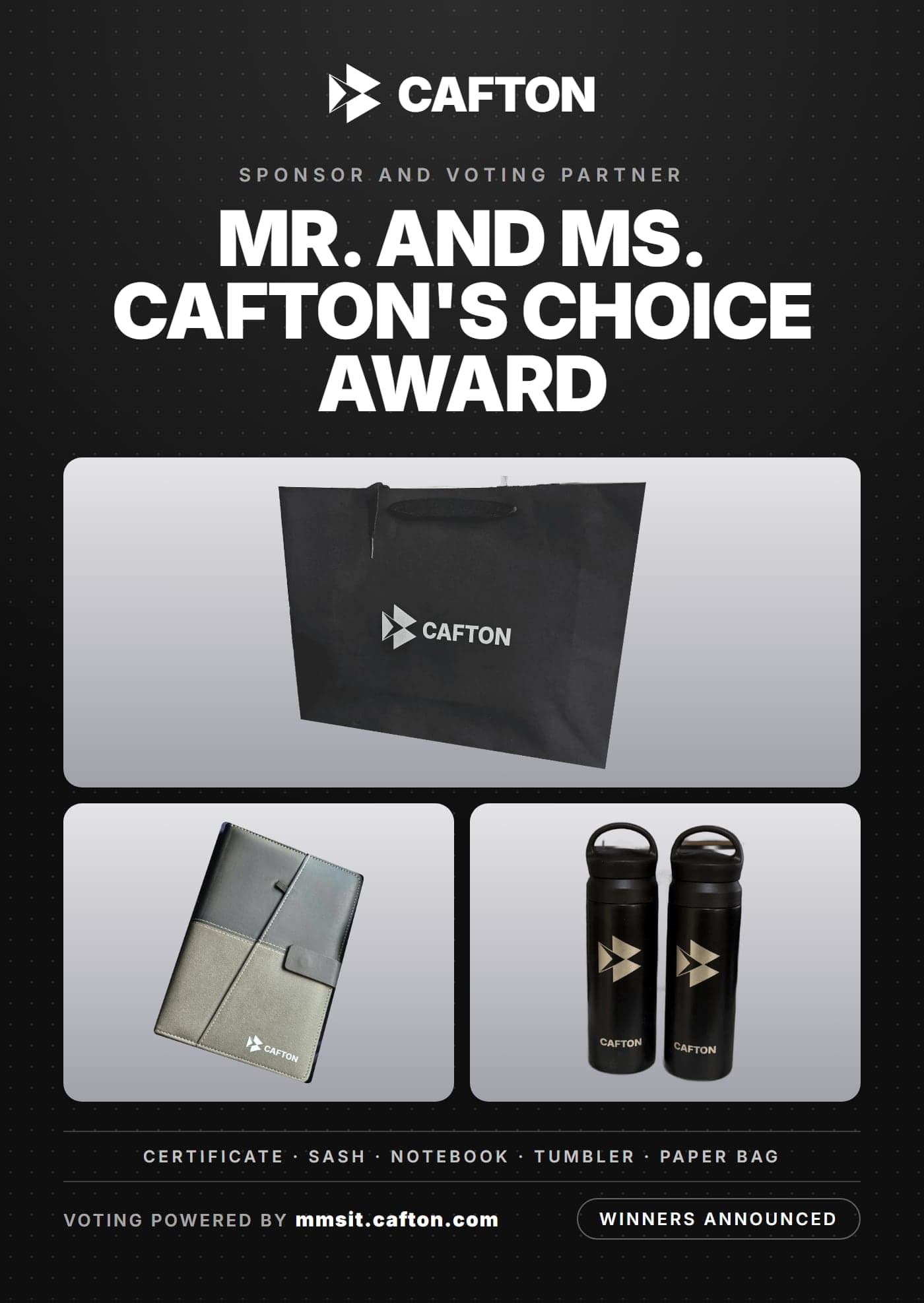 Mr. and Ms. Cafton's Choice Award poster with the Cafton paper bag, notebook and tumblers