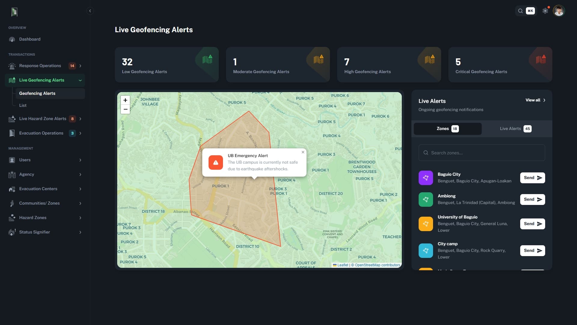 iLigtas live geofencing alerts dashboard