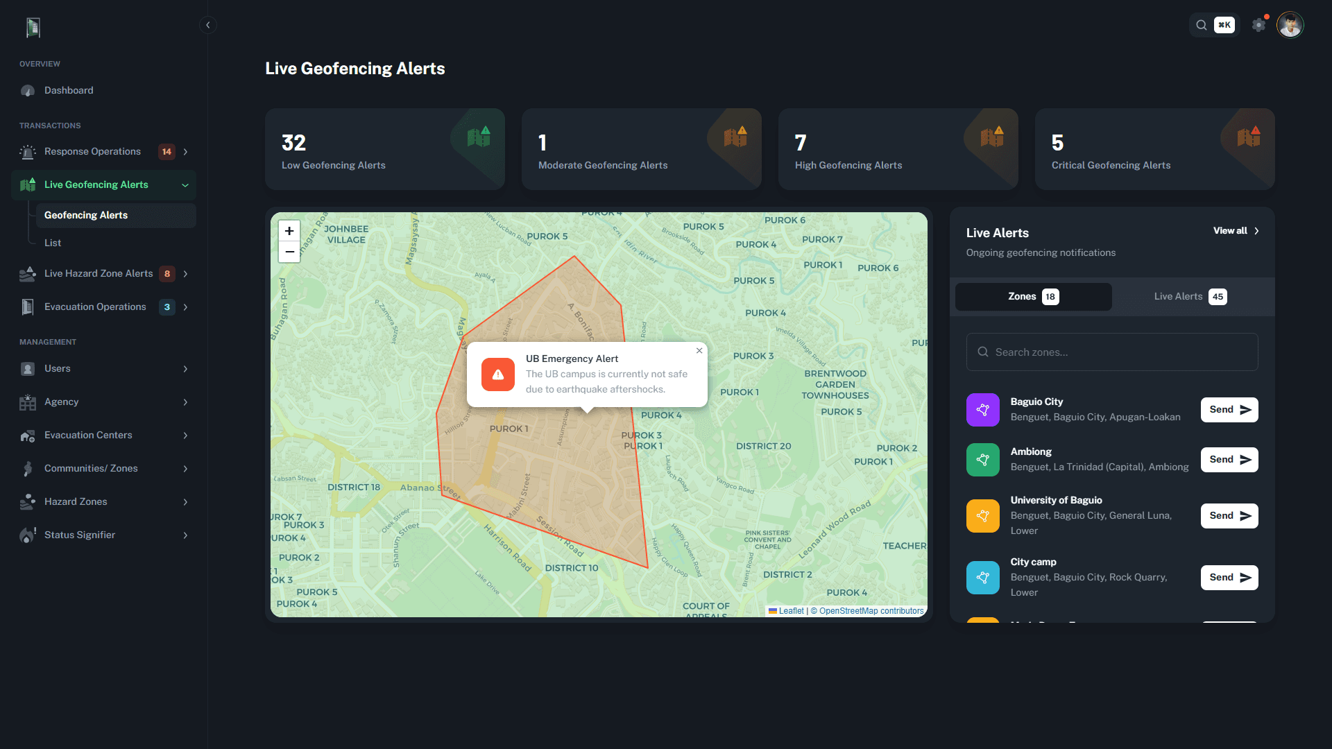 iLigtas live geofencing alerts dashboard