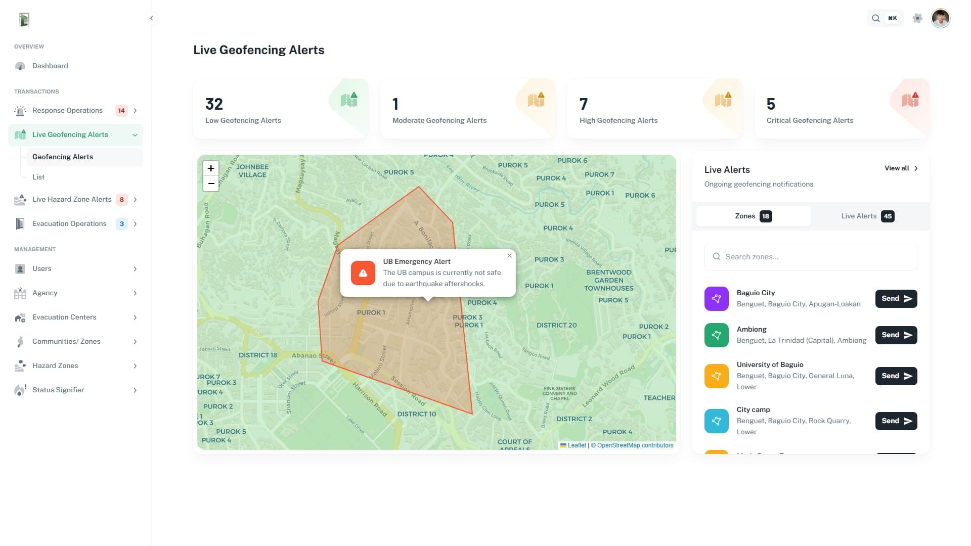 iLigtas live geofencing alerts dashboard