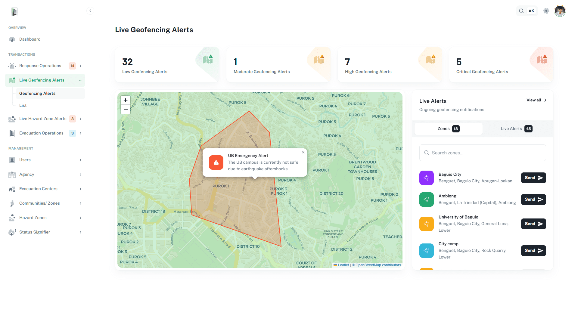 iLigtas live geofencing alerts dashboard