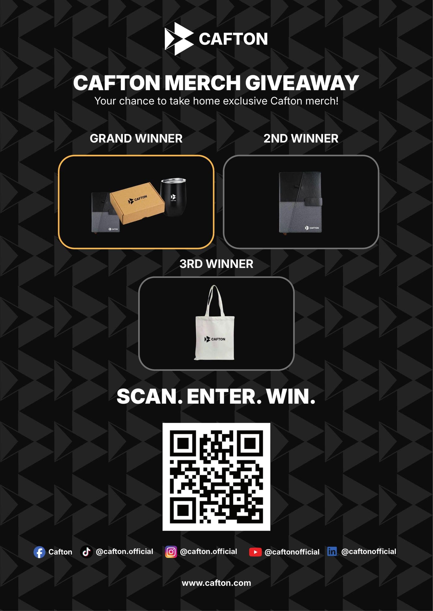 Cafton Merch Giveaway poster showing the three prizes and a QR code to enter