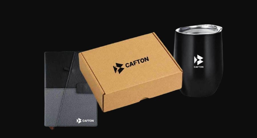 Cafton notebook, branded gift box and black tumbler